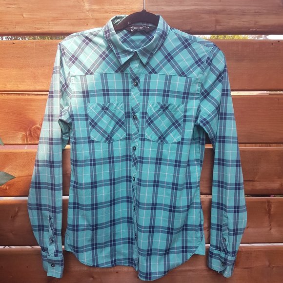 UNDER ARMOUR Button Down Shirt Medium US M Plaid Long Sleeve Blue Green Teal - Picture 3 of 16